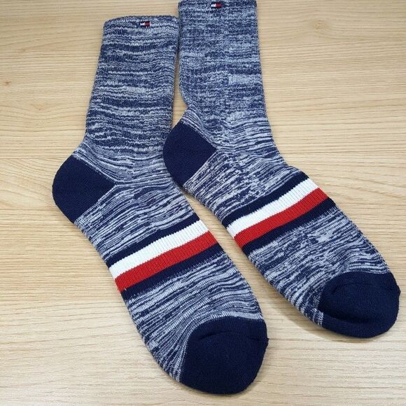 TOMMY HILFIGER Dress Socks Mens Blue Marled Stripe Logo - Picture 2 of 3